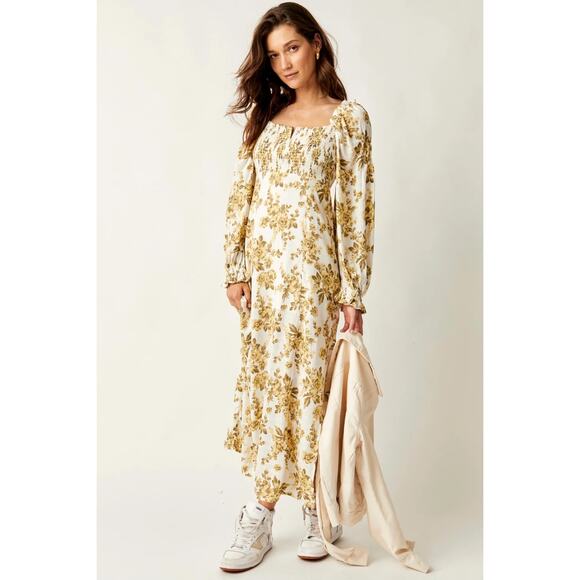 Free People Jaymes Smocked Floral Cream Midi-Dress Size XS - Picture 1 of 10